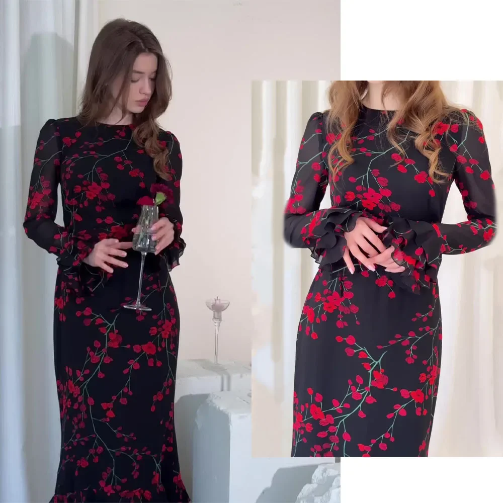 Women's Evening Dresses Summer New Printed French Floral Slim-fitting Retro White Dress for Women
