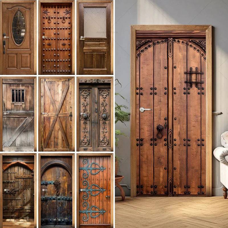 Retro Simulation Wooden Door Stickers Old House Renovation Decoration Murals Creative Design PVC Waterproof Door Stickers