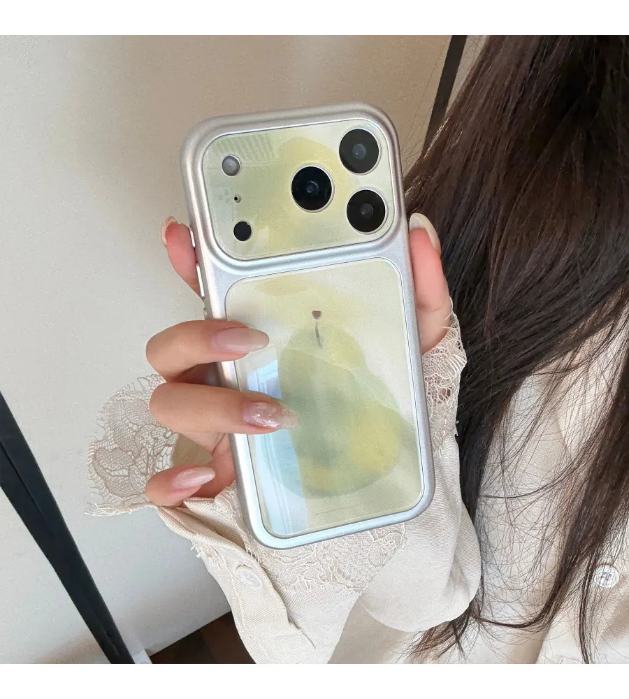 Watercolor Pear Print Large Window Electroplated Phone Case For Iphone 12 13 14 15 16 17 Glossy Shockproof Hard Shell