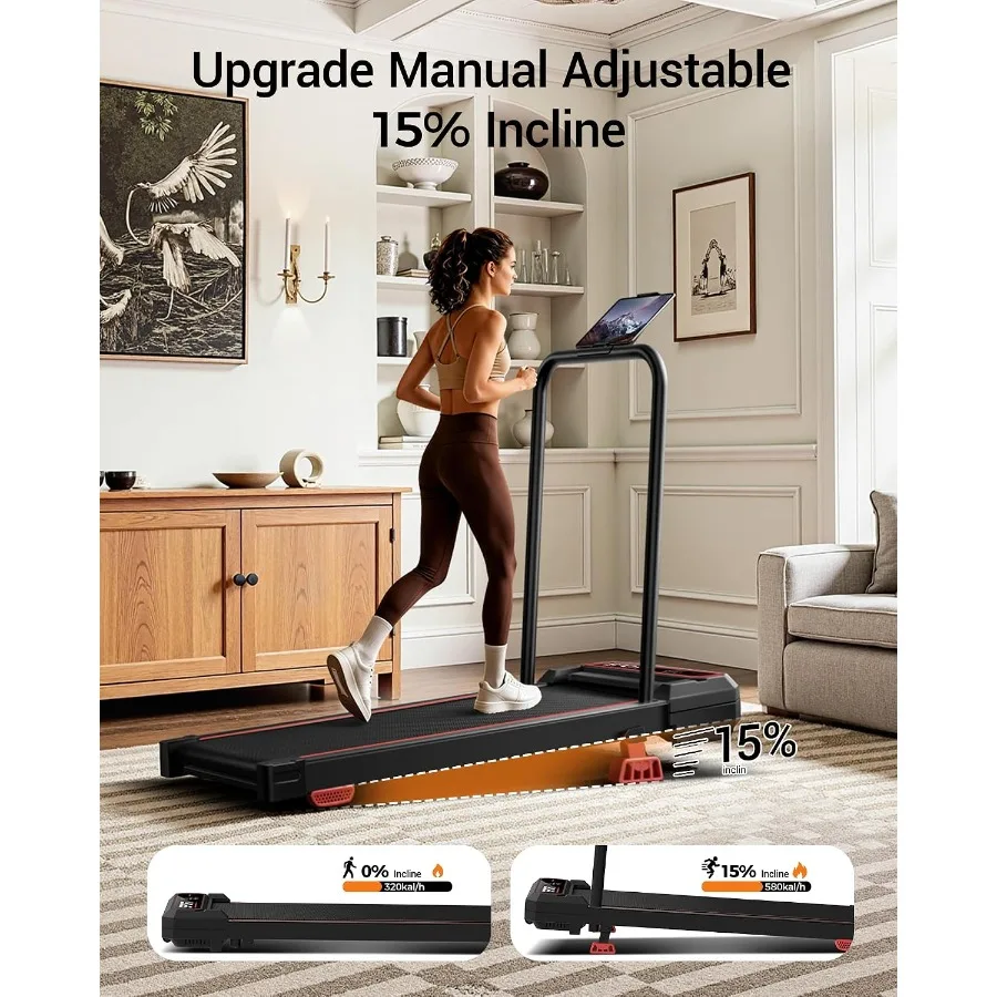 15 Incline Walking Pad with 3 Vibration Levels for home gym use, aluminum alloy frame, black finish, compact foldable design