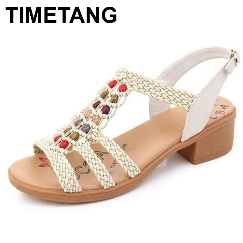 TIMETANGbohemian style summer women sandals fashion shoes woman cow leather sandals women shoes big size thick heel shoes sandal