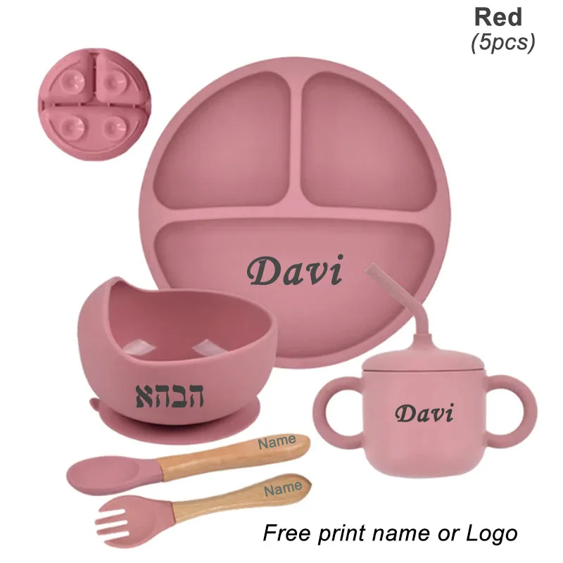 Personalized Name Baby Feeding Plates Bowl 5Pcs Silicone Tableware Straw Cup Spoon Fork Kids Plate Dishe Newborn Gift Customized