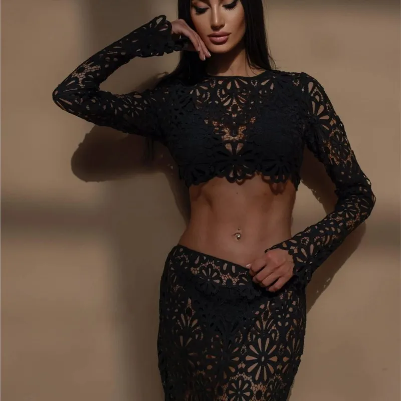 Women Sexy Lace Hollow Out Short Top Skirt Two Piece Sets Female Casual Beach Vacation Fashion New Elegant Slim Summer Dress Set