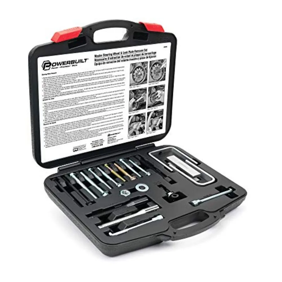 

Powerbuilt Master Steering Wheel and Lock Plate Puller Kit Foreign and Domestic Vehicles Car Repair Tool Set - 648748