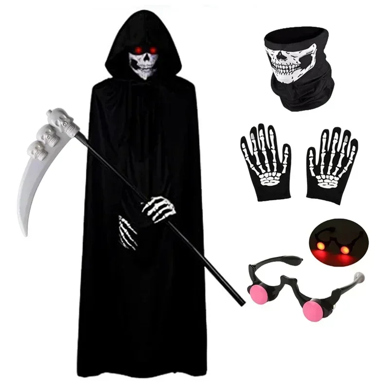 Glowing Red Eyes Grim Reaper Costume Boys Kids Halloween Scary Outfit with Gloves Mask Cosplay Robe Set Children Fancy Dress Pro