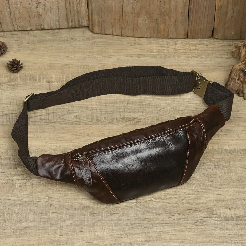Genuine first-layer cowhide retro casual small mobile phone waist bag, shoulder and crossbody bag