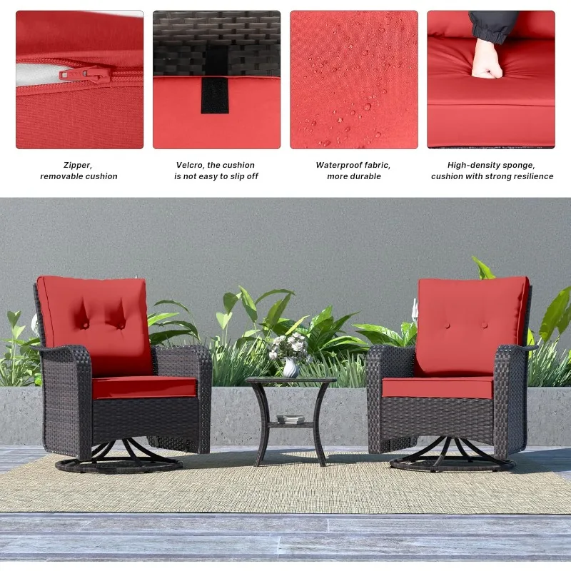 Outdoor Spin Glider Rocking Chair, Wicker Courtyard Bistro Set, tempered glass side table and thickened cushion (red)