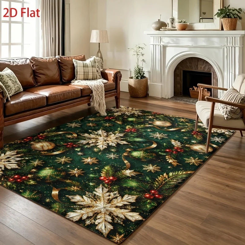 Dark Green Golden Snowflake Christmas Area Rug Holly Berry Bauble Ribbon Pine Print Floor Mat Luxury Winter Holiday Decor Carpet