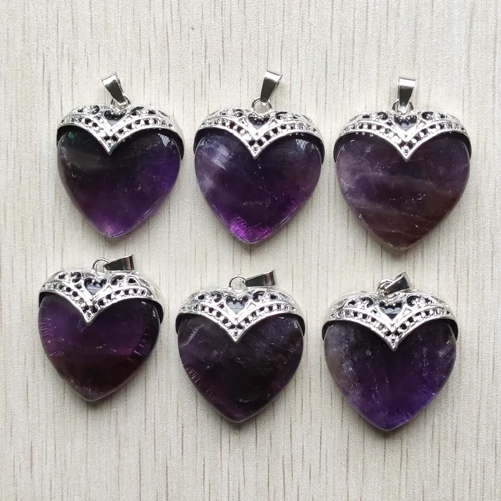 

Good quality natural amethysts stone and alloy heart pendants for jewelry accessories making free shipping wholesale 6pcs/lot