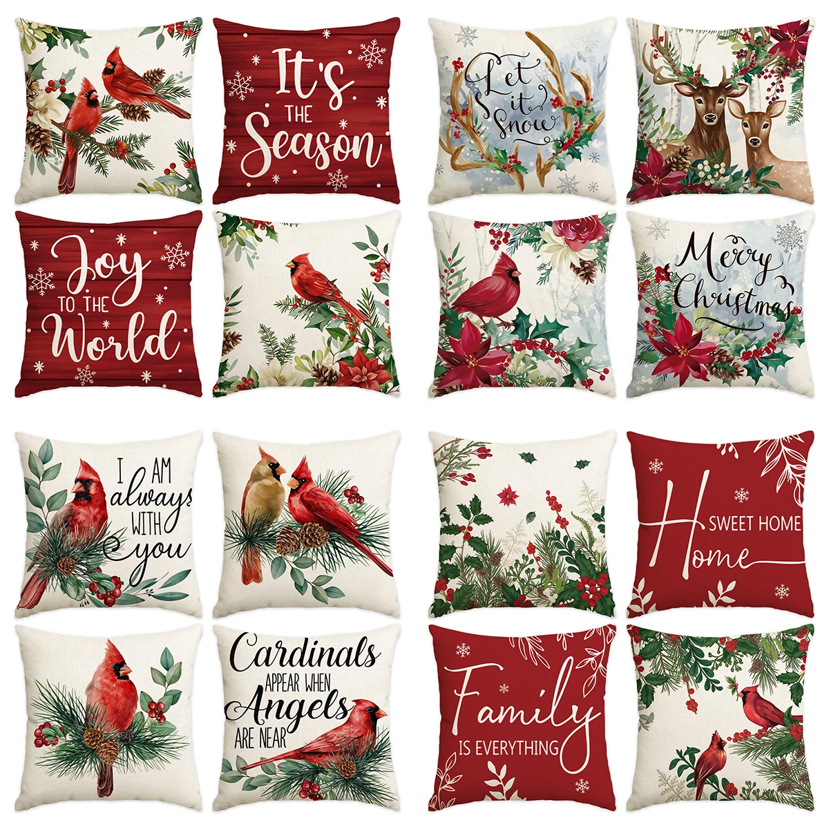 Christmas Cushion Covers 4 Pack Throw Pillow Covers Cardinal Bird Poinsettia Pine Cone Xmas Sofa Home Decoration Pillow Covers