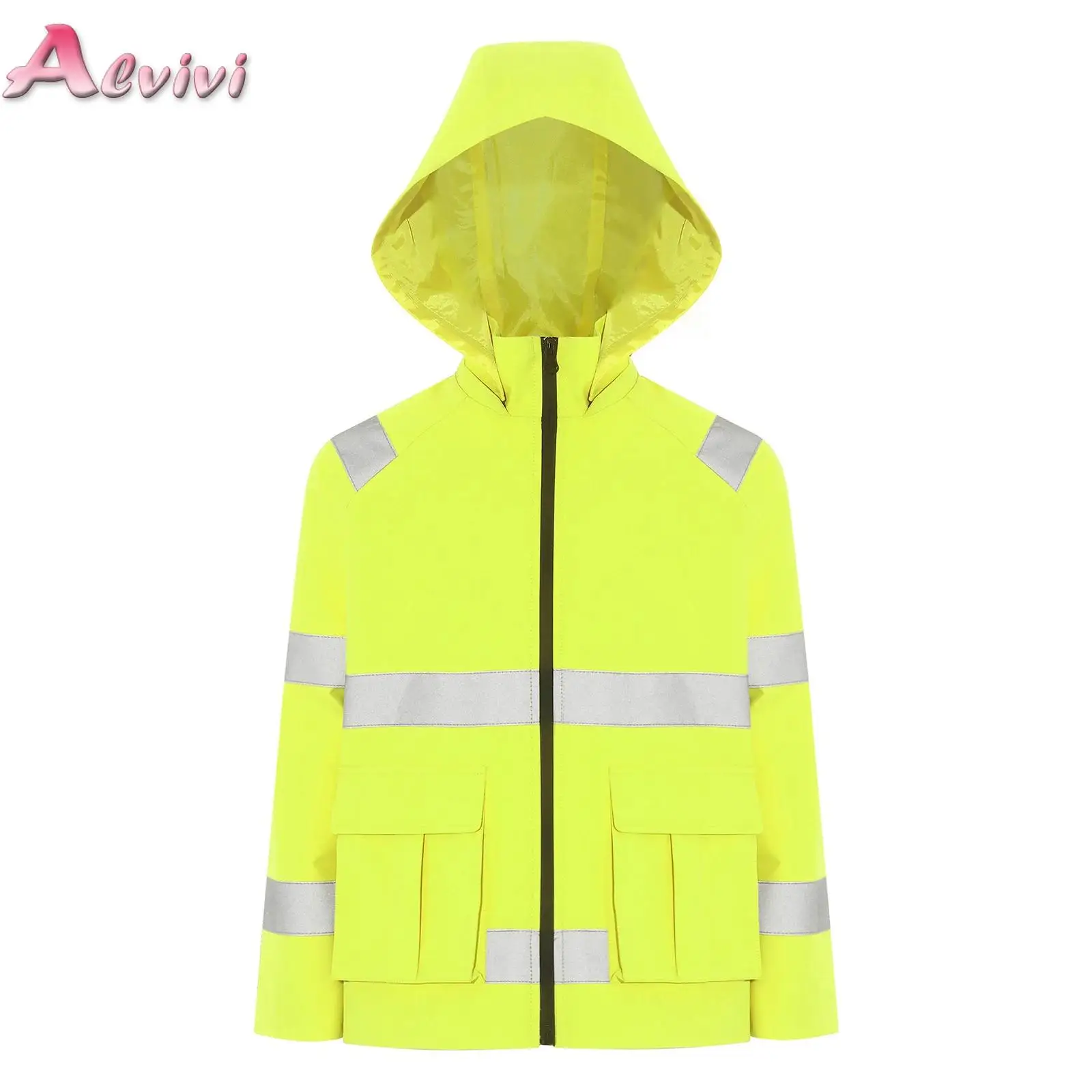 

Kids Girls Boys Safety Vest Long Sleeve Detachable Hood Zip Up Night Traffic Fluorescent Jacket Outwear Coat for Causal Life