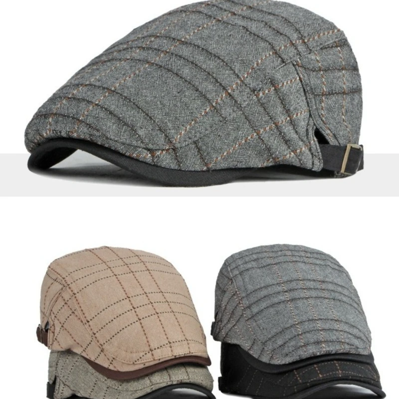 Vintage Line Grid Plaid Flat Cap Ivy Newsboy Cap Adjustable Metal Buckle Gentleman Beret Hat for Men Autumn Daily Travel Driving