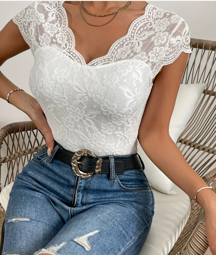 Y2K Tops V-Neck Solid Color Sexy Lace Fashion Casual Base Lace Patchwork Top Women's Summer Sexy Slim Fit Lace Sexy T-Shirt Top