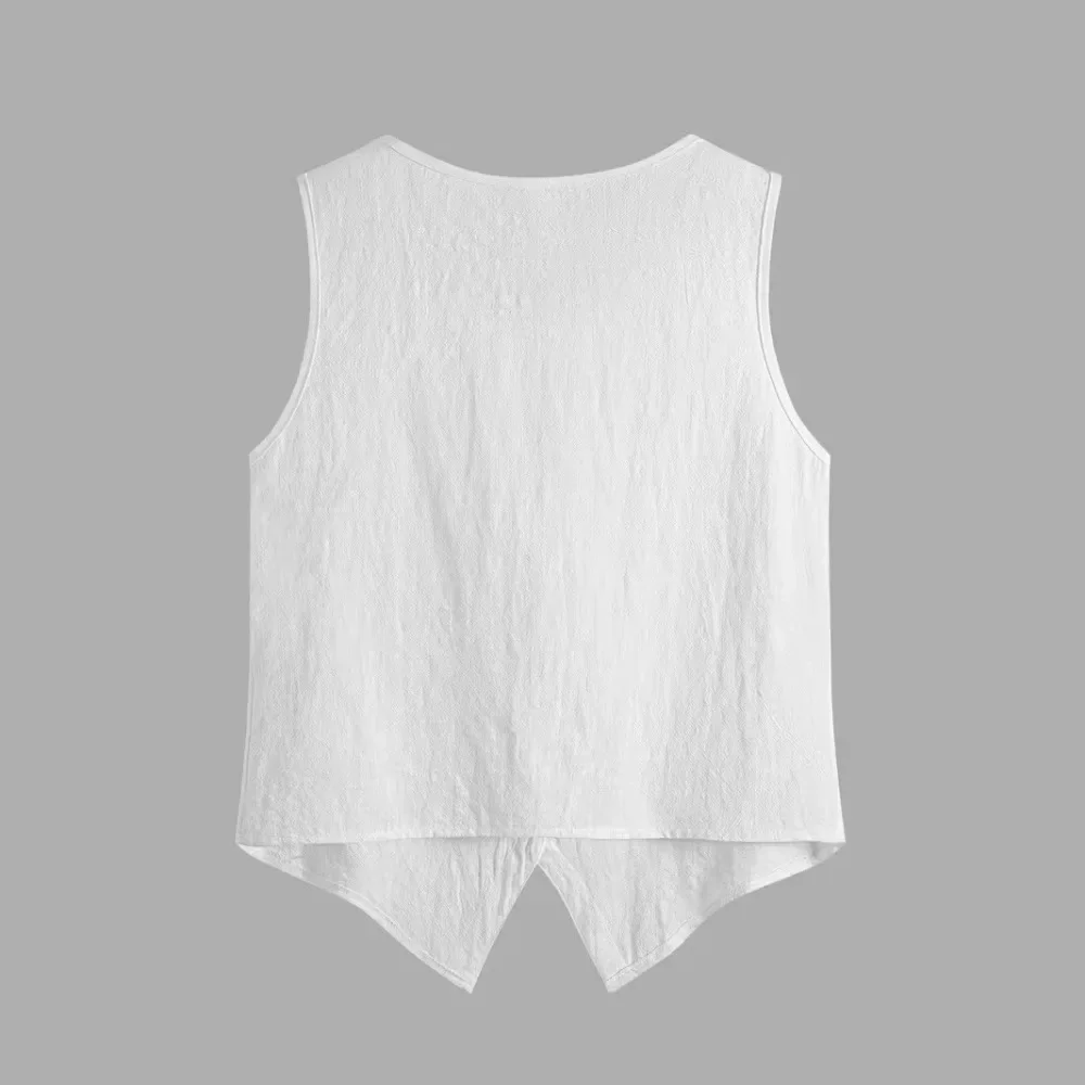 Women Lace Trim Round Neck Tank Top Wooden Button Front Open Sleeveless Casual Vacation Ladies Vest Tops