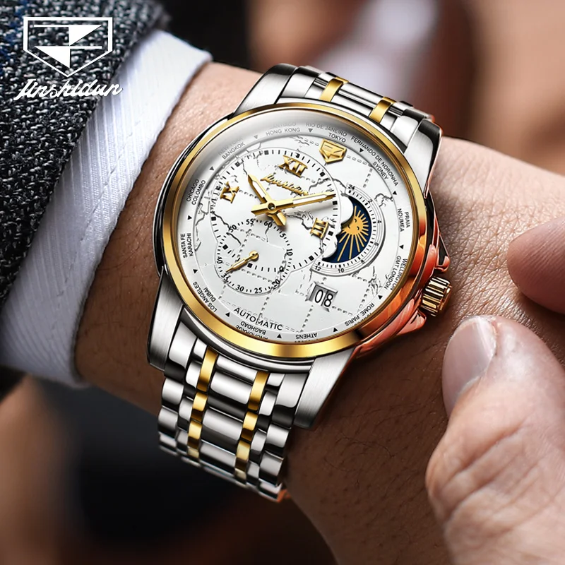 ساعة ميكانيكية أوتوماتيكية فاخرة للرجال JSDUN ، متعددة الوظائف ، مرحلة القمر ، مقاومة للماء من الفولاذ المقاوم للصدأ ، التاريخ ،