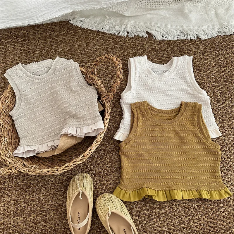 

2025 New Summer Baby Girls Knitted Vest T-shirts Korean Style Solid Color Tops Ruffles Sleeveless Toddlers Kids Tees