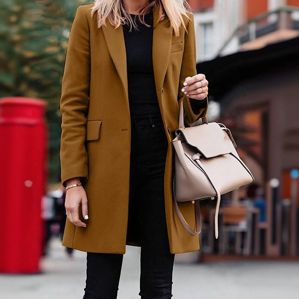 

Женские элегантные всесезонные пиджаки 2025 года с длинными рукавами и открытым передним карманом, повседневные пиджаки стандартного кроя