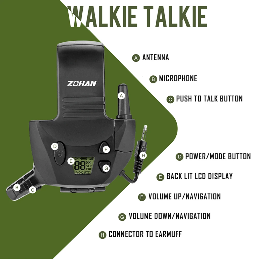 ZOHAN Walkie Talkie Tactical Shooting Earmuff Adapter With External Mic 3 Miles Range 22 Channels For Hunting Shooting Range