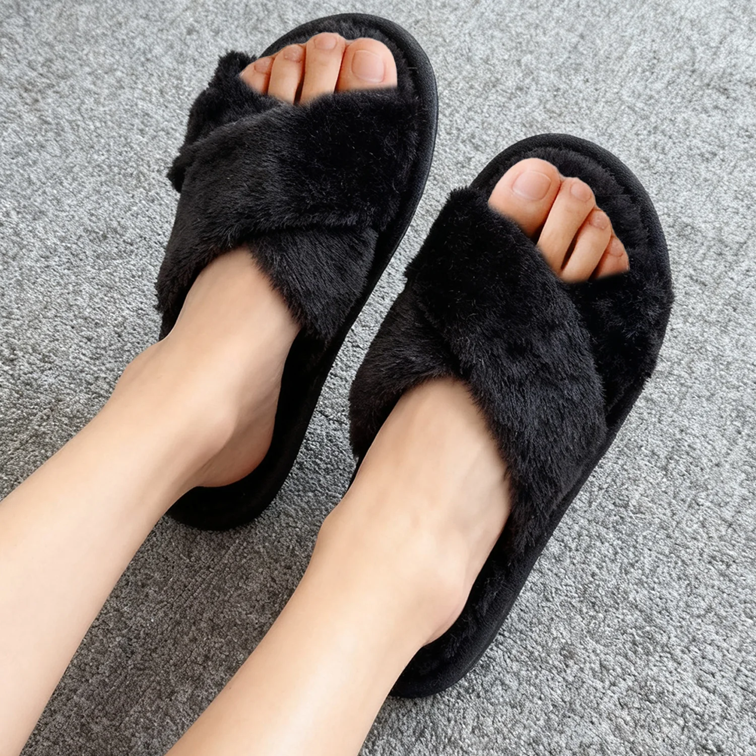 2025 شبشب منزل النساء أربعة مواسم جديد المفتوحة تو الفراء الدافئة أفخم مريحة خفيفة الوزن شقة أحذية المنزل النعال مريحة #3