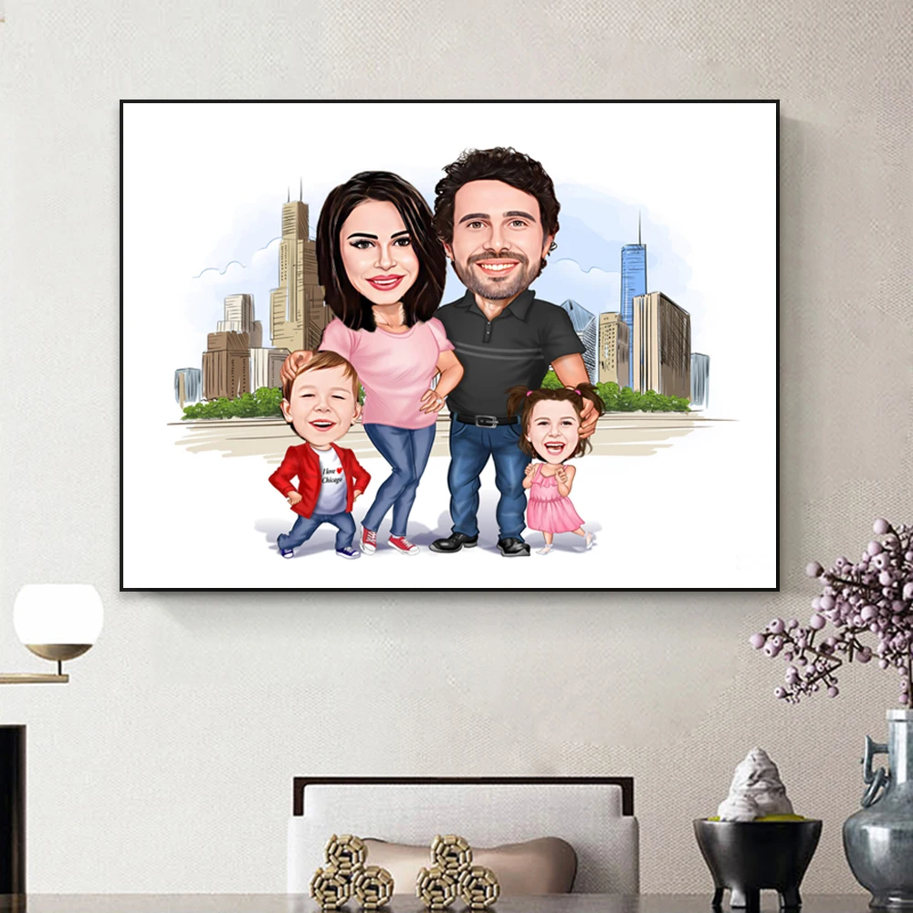 Family Caricature Portrait Poster Custom Cartoon Family Portrait Poster Personalized Comic Prints Birthdays Canvas Painting