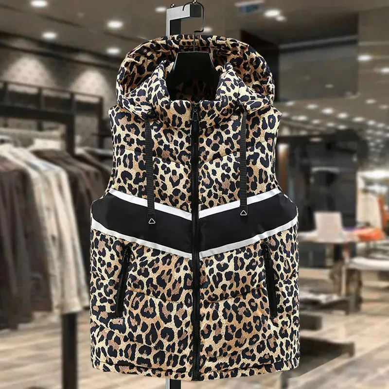 

Women's Vest 2025 Winter New Leopard Print Hooded Trendy Top Detachable Cap Loose Thick Warm Casual Fashion Down Vests Female