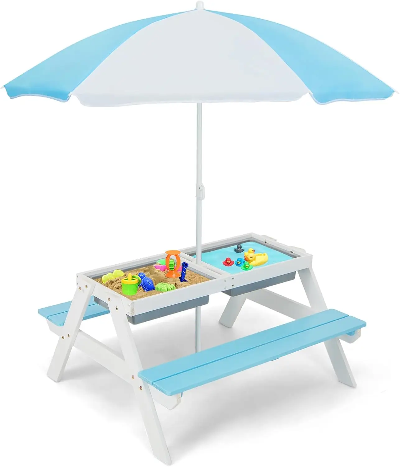 Table de pique-nique pour enfants, table à sable et à eau 4 en 1 93,Wooden w/ 2 perfecBox & Umbrella