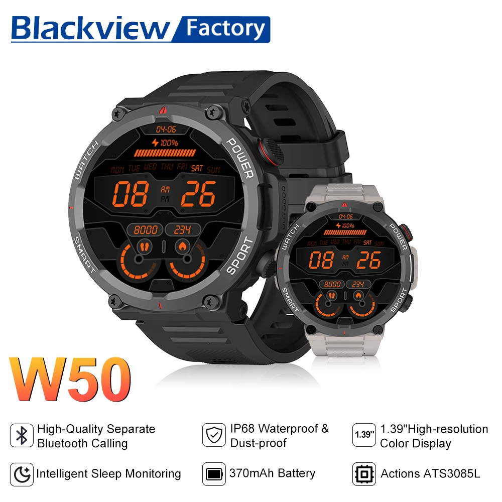 

НОВЫЕ умные часы Blackview W50 с дисплеем HD 1,45 дюйма, Bluetooth-часы с функцией телефонных звонков для мужчин, аккумулятор 960 мАч, прочные умные часы