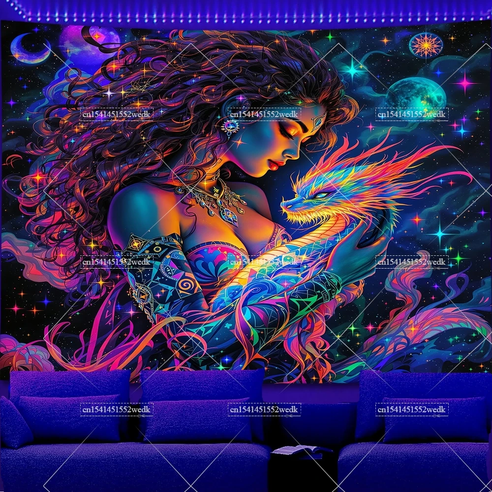 UV Reactive dragon Women Black Light Tapestry Space Galaxy Luminous Tapestrys Aesthetic Anime Girl Fluorescent Party Backdrops