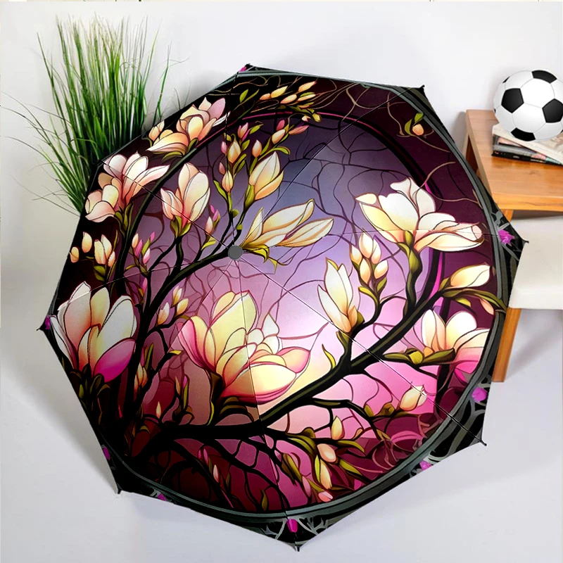 Stained Glass Flowers Umbrella Automatic Open/close, Sturdy Iron Frame & 8-Rib Struct, Umbrella for Women & Men, Christmas Gifts