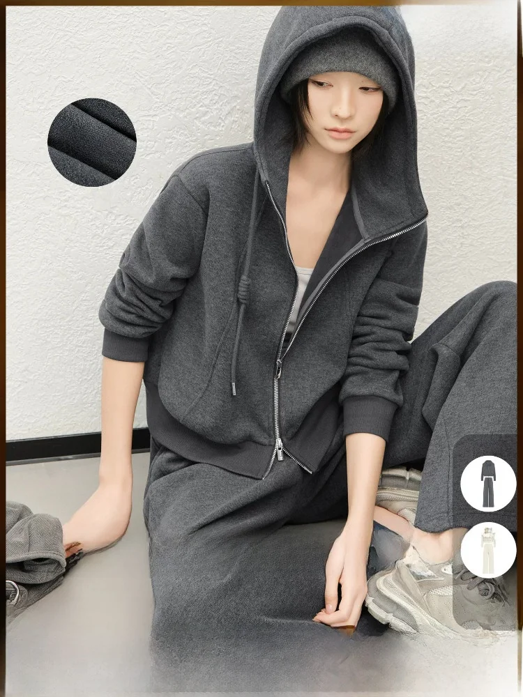 

Thiened Fce Warm Casual Outfit Two-Piece Set High Waist Long Pants Hooded Zipper Closure Polyester Fiber Winter Spring A...