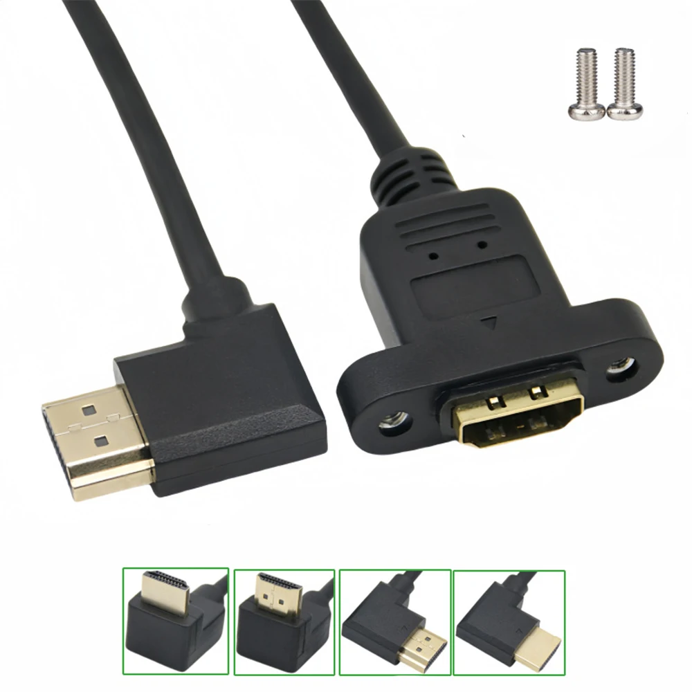 90 Degree HDMI-compatible Male To Female Extension Cable Panel Mount With Screw Hole Support 4K@60Hz HDR For Computer Case