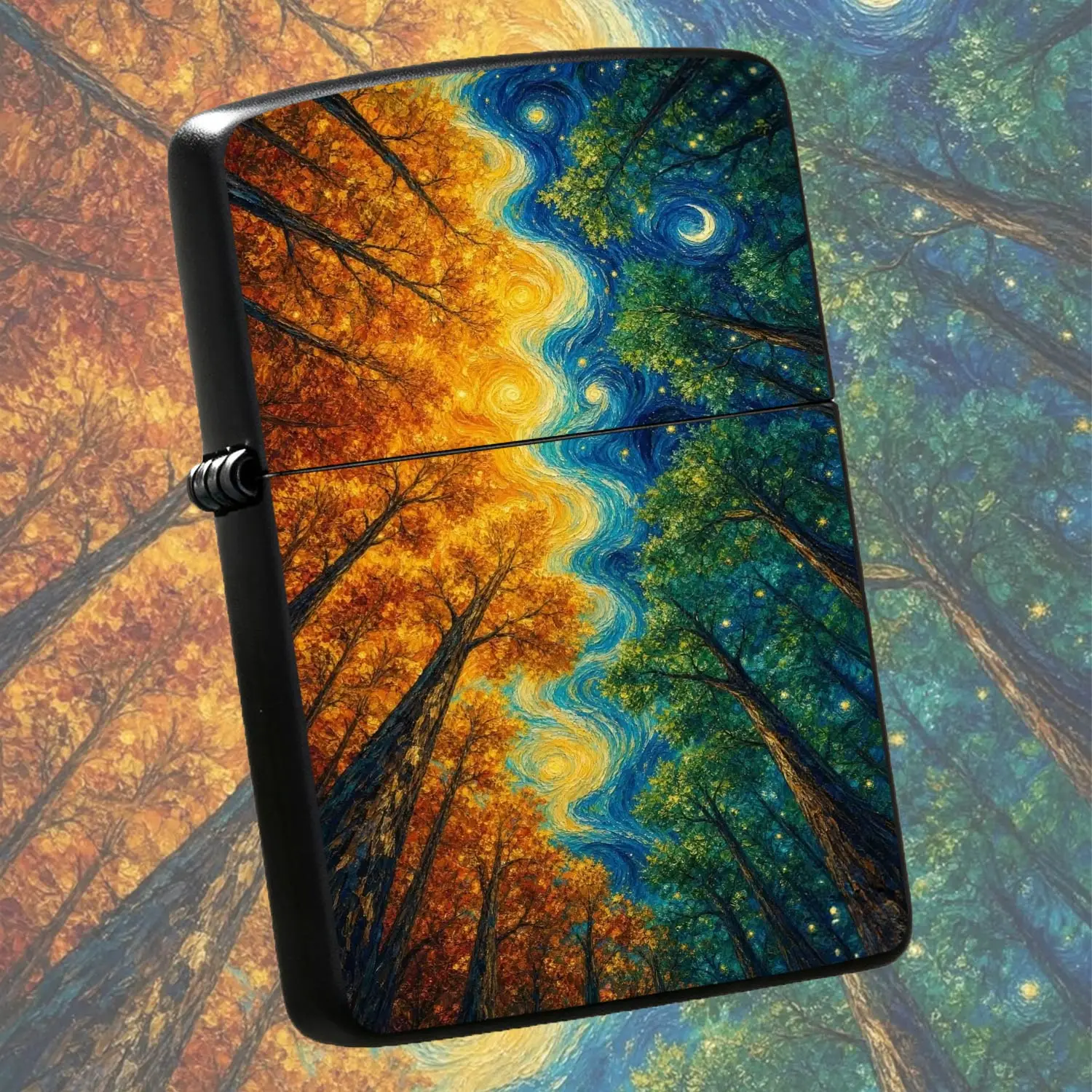 Van Gogh Style Starry Sky Forest Lighter, Creative Oil Painting Texture Dual Tone Autumn Green Tree Themed Portable Igniter, Artistic Aesthetic Daily Use Accessory, Ideal Unique Gift For Art Lovers And Daily Scenarios A Humorous And Interes