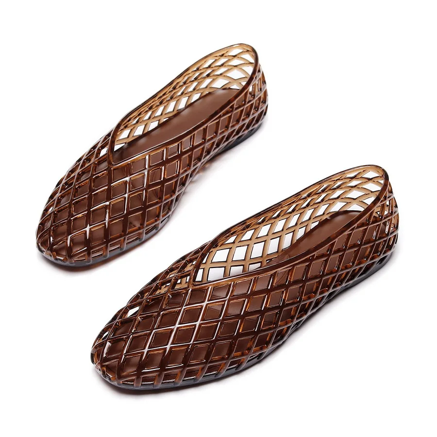 

Round Toe Grid Flat Sandals Women's Transparent Hollow Jelly Shoes Woman Slip-On Breathable PVC Casual Beach Summer Sandals 2026