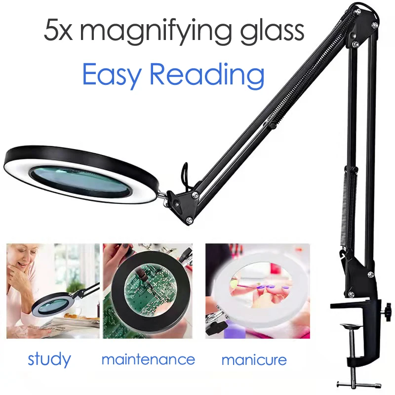 Adjustable Height Magnifying Glass Desk Lamp with Folding Ring USB Study Stand for Office Manicure Reading Book Clamp Light
