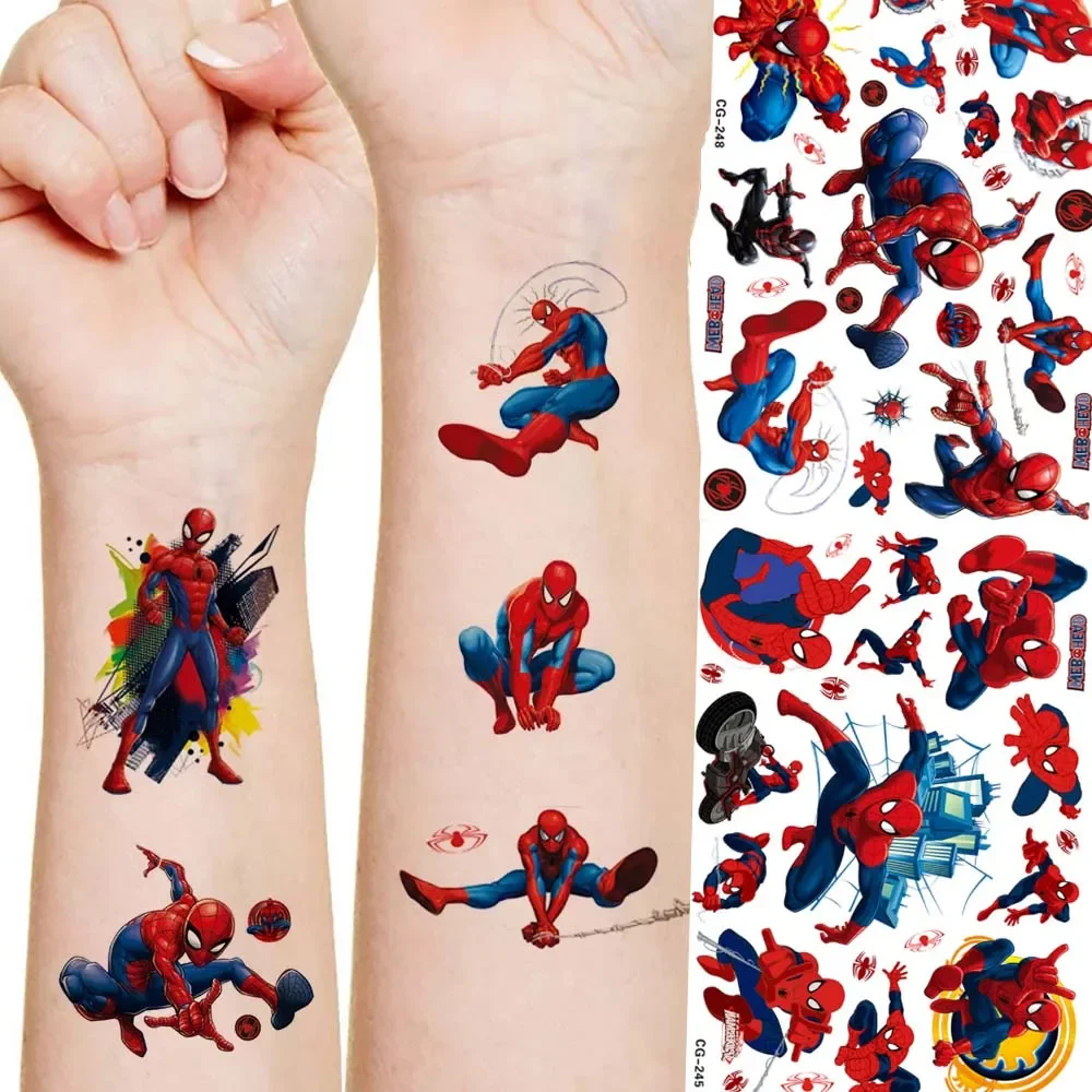 Marvel Spiderman Tattoo Sticker Action Figure Anime Iron Man Avengers Waterproof Tattoo Sticker For Boys Toys Kids Birthday Gift