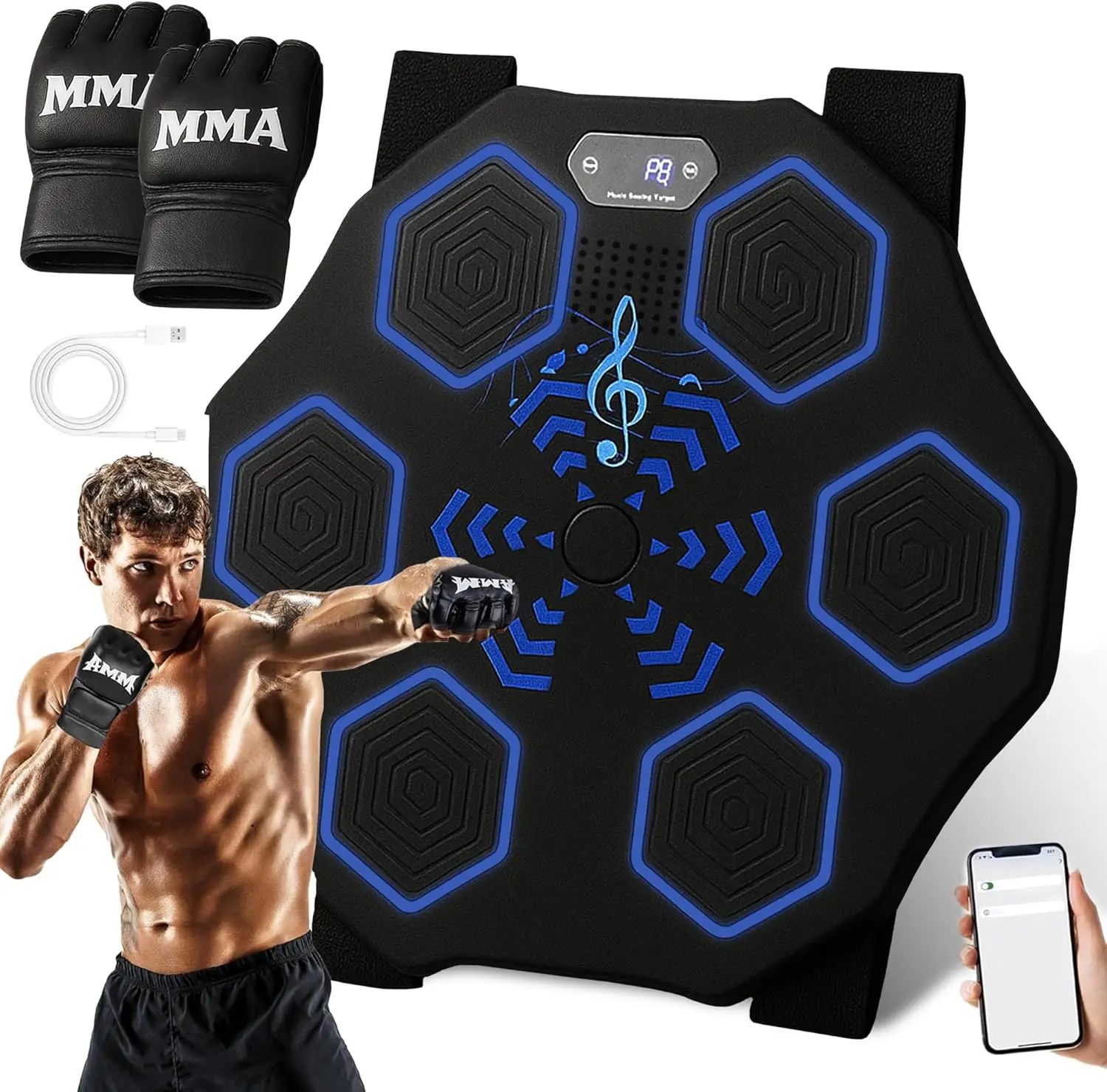 

Interactive Bluetooth Music Boxing Machine with Light-Up Targets, 9 Speed Levels, Gloves Included for Home Workouts