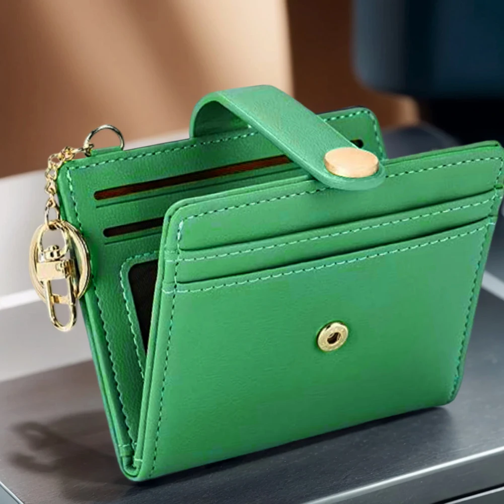 Women Double Fold Zipper Wallet with Keychain Vintage Pocket PU Leather Solid Color Purse Work Date Purse