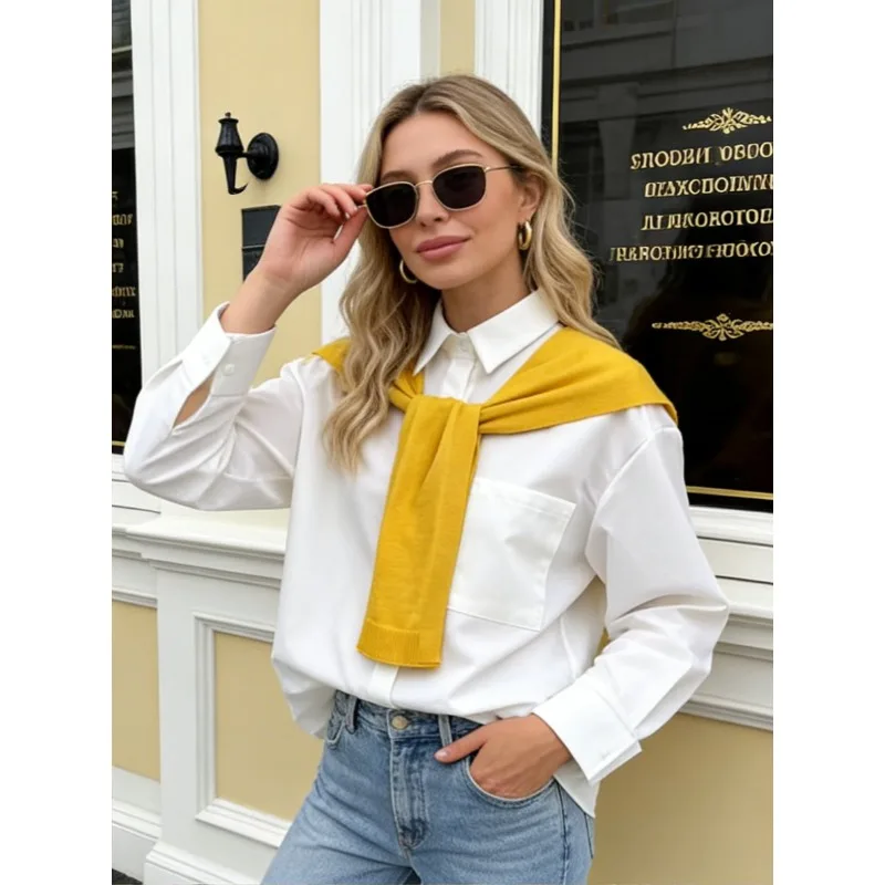 

E-BAIHUI Yellow Knit Shawl Women's Shirt Color Blocking Long Sleeved Front Open Blouse Korean Woman Casual Spring Two-piece Top