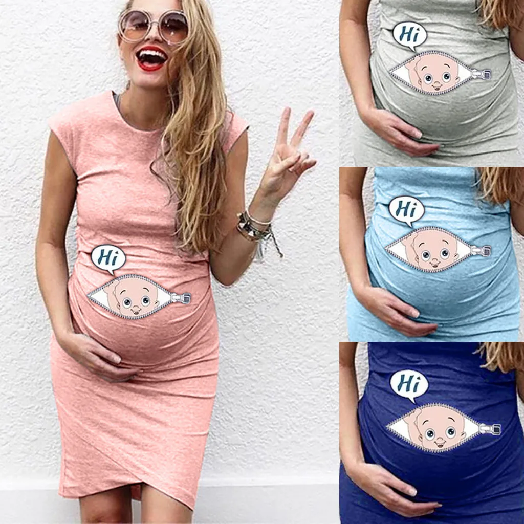 

New Cartoon Letter Print Pregnant Woman Dress Sleeveless O-neck Slim Pregnancy Maternity Dress Nusring Maternity Casual Clothes