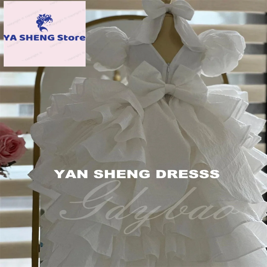 Customized Flower Girl Dress For Wedding Puffy With Tail Bow Short Sleeves Kids Baby Birthday First Communion Gown