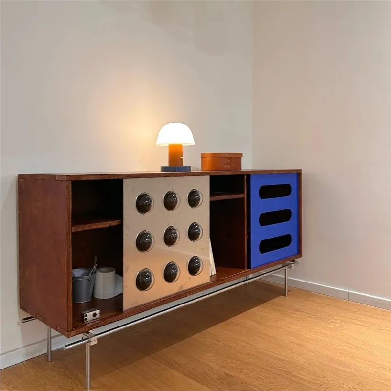 Bauhaus Floor Standing Storage Cabinet with Sliding Doors for Vintage Style TV Stand Made of Solid Wood and Marine Plywood