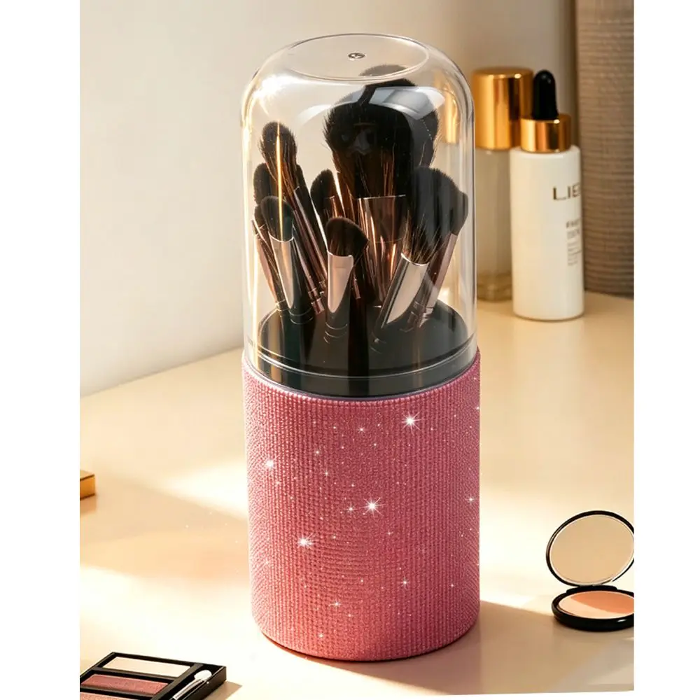 Rhinestone Makeup Brush Storage Bucket Portable PU Leather Glitter Makeup Brush Holder Multifunctional Large Capacity
