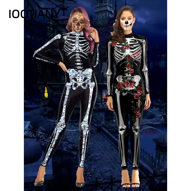 

IOOTIANY Halloween Skeleton Jumpsuit Cosplay Costumes 3D Printed Elastic Tights Long Sleeve Adult Bodysuits Skinny Jumpsuits