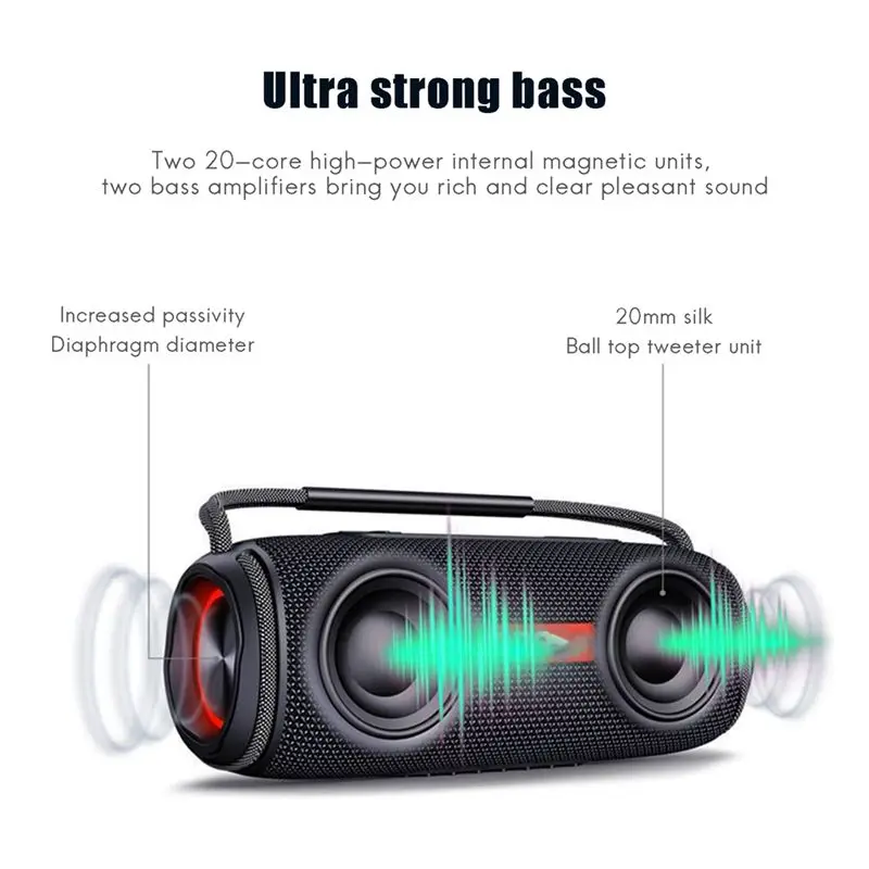 

【Счастливчик】 40 Вт TWS Портативный Bluetooth-динамик Сабвуфер Звуковая коробка с водонепроницаемой функцией для офиса Открытый домашний плеер Синий