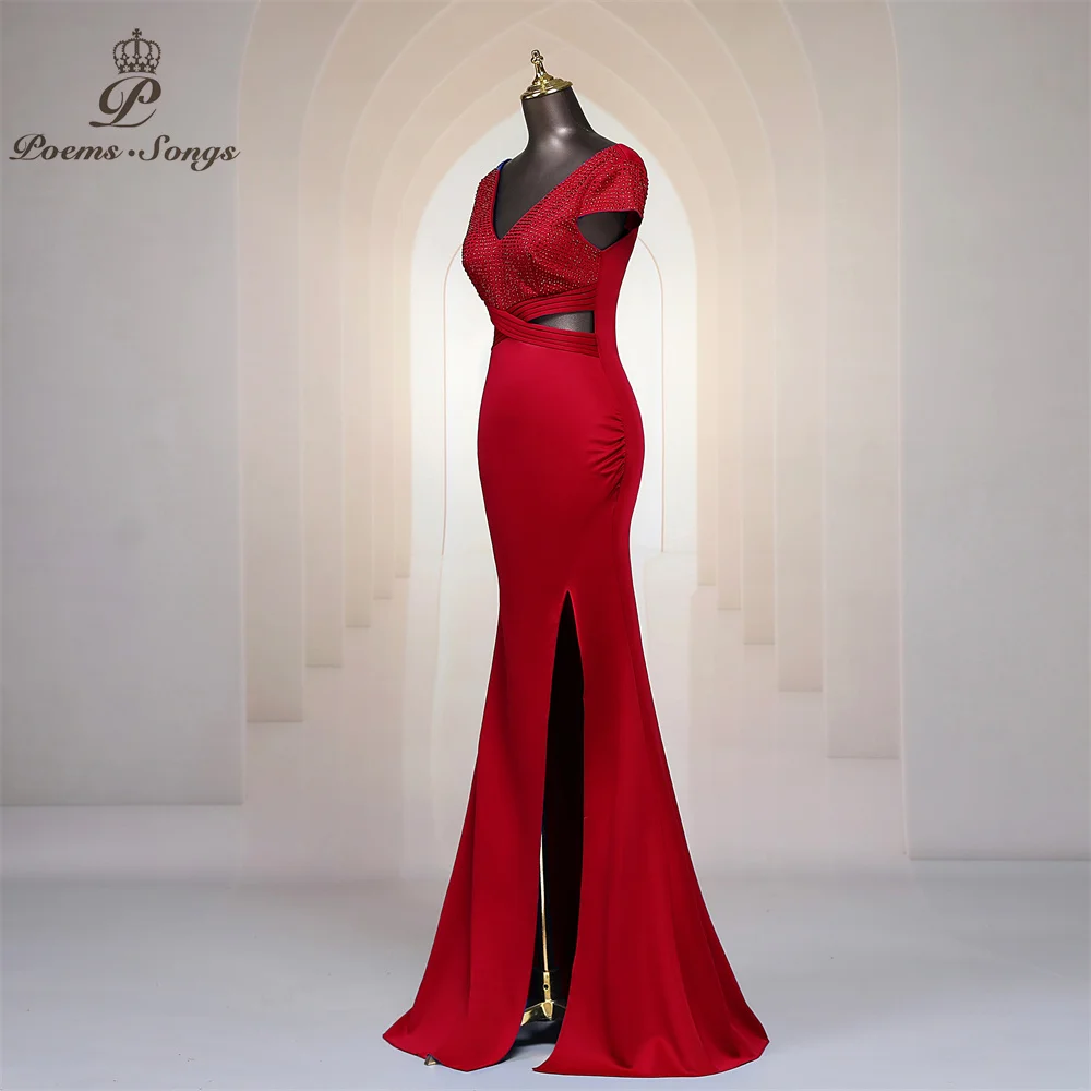 Red V Neck Long Evening Dress With Capped Sleeves Mermaid Side Split Maxi Heavily Beaded Dresses Prom Party Formal Maxi dress