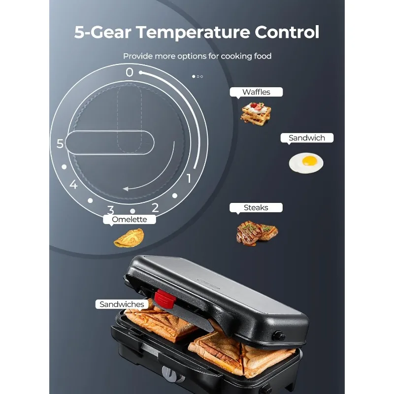 Sandwichera 3 en 1, máquina de gofres con placas extraíbles, prensa Panini, juego de plancha para gofres con Control de temperatura de 5 engranajes