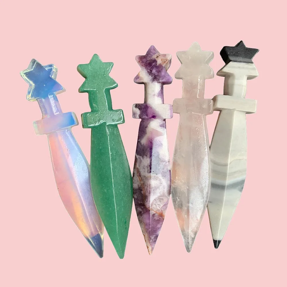 Natural Gemstone Star Sword Wand Hand Carved Crystal Daggers Figurine Reiki Healing Energy Stone Wiccan Altar Decor Unique