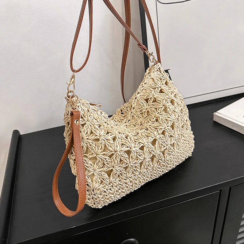 Stroh-Umhängetaschen für Damen, Sommer, gewebte Umhängetasche, Geldbörse, Bast, Strand-Armband, Häkelhandtasche, Geldbörse für Damen – Detail 14