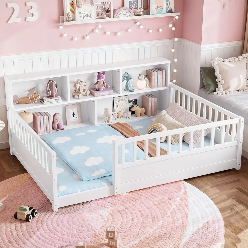 

White Kids Platform Bed with Bookcase and Safety Rails, Storage Loft Bed