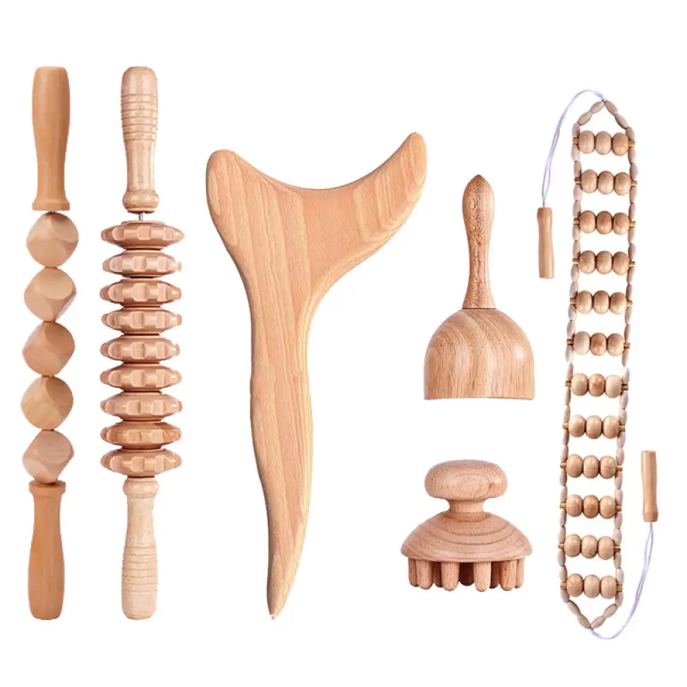 Natural Beech Wood Massage Set Gua Sha Cup Muscle Relaxing Roller Mushroom Head Scalp Massager Body Lymphatic Therapy